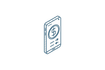 mobile payment internet banking, web pay isometric icon. 3d line art technical drawing. Editable stroke vector