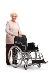 Elderly woman standing with an empty wheelchair