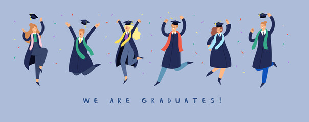 Set of happy jumping young people. Cartoon international students in graduation gowns and caps. Educated university or collage graduating man and woman characters. Flat isolated vector illustration.