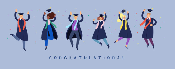 Set of happy jumping young people. Cartoon international students in graduation gowns and caps. Educated university or collage graduating man and woman characters. Flat isolated vector illustration.