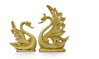 Side view Antique Gold two Cygnus on white background,animal,object, copy space