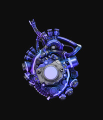 Steel robotic heart in blue-violet color, futuristic replacement organ, 3d rendering on black background