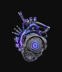 Steel blue-violet robotic heart and big central touch element. Futuristic replacement organ, 3d rendering on black background