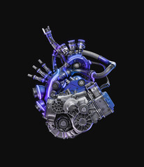 Steel robotic heart in blue-violet color, futuristic replacement organ, 3d rendering on black background