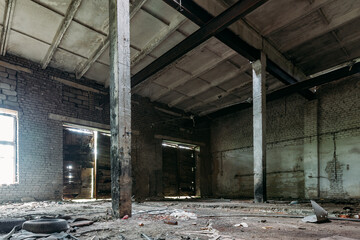 Old broken empty abandoned industrial building interior