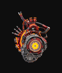 Steel robotic red heart with yellow lighting, futuristic replacement organ, 3d rendering on black background