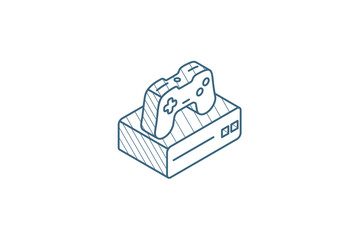 Console and joystick, gaming isometric icon. 3d line art technical drawing. Editable stroke vector
