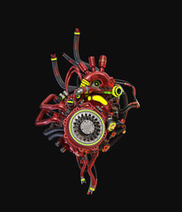 Steel robotic red heart with yellow lighting, futuristic replacement organ, 3d rendering on black background