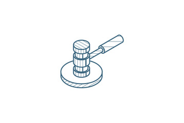 auction hammer, law and justice symbol, verdict isometric icon. 3d line art technical drawing. Editable stroke vector