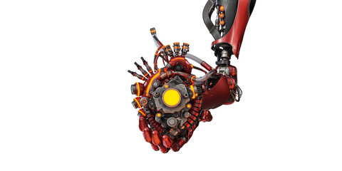 Stylish steel robot arm holds artificial futuristic heart. Artificial hand with prosthetic heart 3d rendering isolated on white background