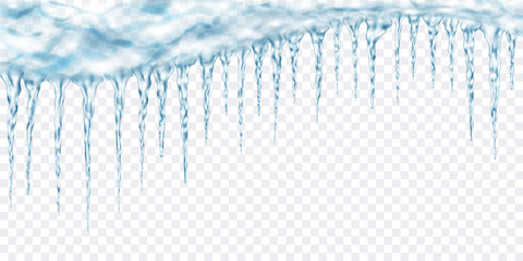 Naklejka na ściany i meble Group of translucent light blue realistic icicles of different lengths connected at the top. For use on light background. Transparency only in vector format