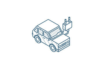 electric car, plug cable, ecology isometric icon. 3d line art technical drawing. Editable stroke vector