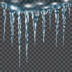 Group of translucent light blue realistic icicles of different lengths connected at the top. For use on dark background. Transparency only in vector format