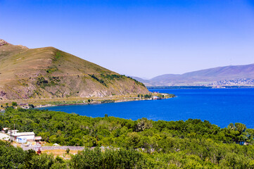 Fototapeta na wymiar It's Lake Sevan, the largest lake in Armenia and the Caucasus region.