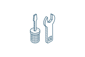 screwdriver, wrench tool, setup, settings isometric icon. 3d line art technical drawing. Editable stroke vector