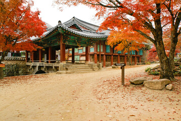 In Jogyesan Provincial Park, South Korea, Seonamsa's weathered-wood temple exteriors exude a feeling of age and grace amid brilliant fall foliage.