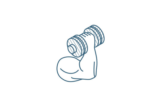 hand whith dumbbell, biceps muscles, sport power isometric icon. 3d line art technical drawing. Editable stroke vector