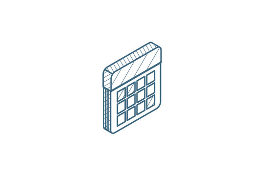 calendar isometric icon. 3d line art technical drawing. Editable stroke vector