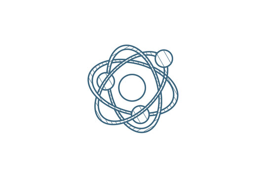 Atom, Physic Symbol isometric icon. 3d line art technical drawing. Editable stroke vector