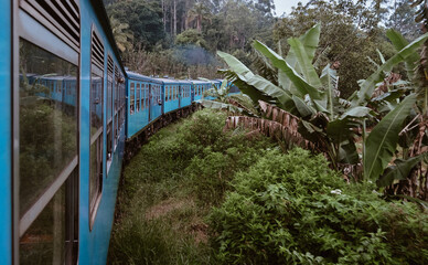 Famous and one of the most scenery railroad in the world - the route from Ella to Colombo. Train goes by jungles, local villages, tea and coffee plantations. Sri Lanka, January 2018.