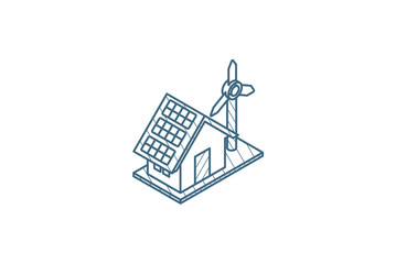 Green House concept ecological equipment - solar cells and wind turbine isometric icon. 3d line art technical drawing. Editable stroke vector