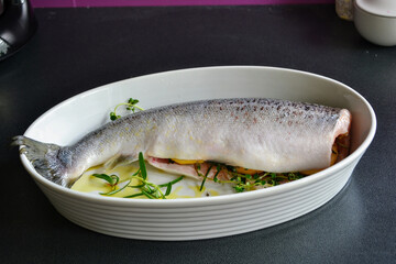 Fresh salmon with herbs (thyme, rosemary), olive oil and lemon in a white ovenproof dish. Raw salmon fish ready to bake. Heat-resistant pot with fish. Closeup, food photo