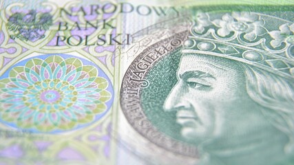 Polish currency banknote, paper money. Polish zloty (the masculine from the Polish word 'golden') closeup, selective focus. PLN 100 / 100 zl. Financial growth, home budget, saving money, business.