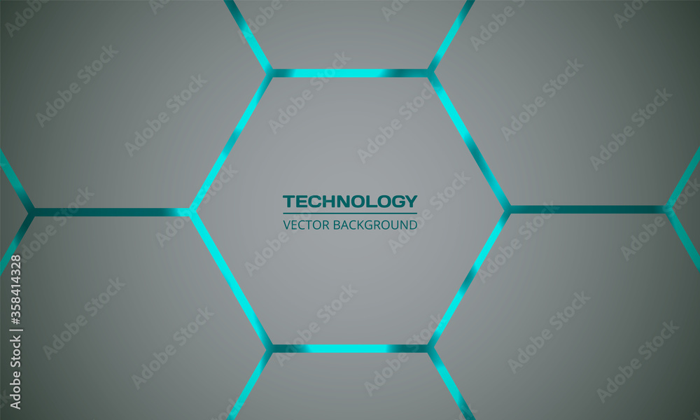 Poster Hexagonal turquoise vector abstract background. Bright turquoise flashes under hexagon in light technology, futuristic, modern, illustration. Light honeycomb texture grid.