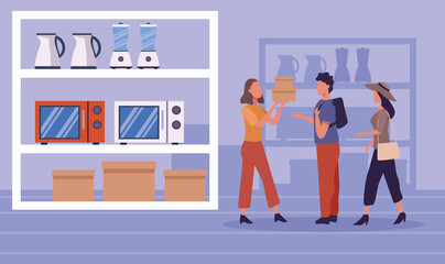 group of people in appliance store in shopping day