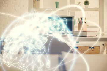 Double exposure of business theme drawing and office interior background. Concept of success