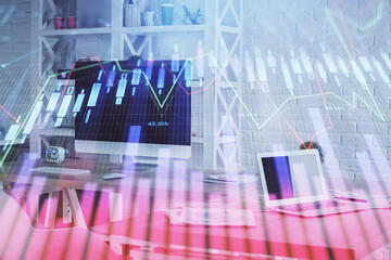 Double exposure of financial graph drawing and office interior background. Concept of stock market.