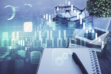 Double exposure of forex chart drawing and cell phone background. Concept of financial trading