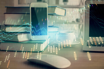 Double exposure of financial graph drawing and cell phone background. Concept of forex trading