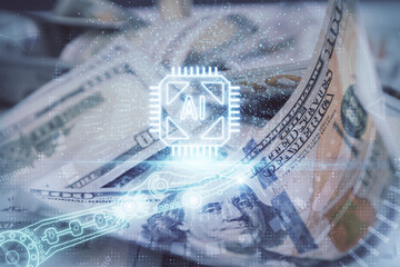 Double exposure of data theme drawing over us dollars bill background. Technology concept.