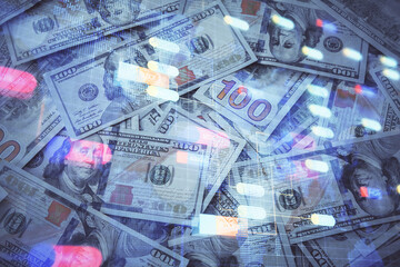 Double exposure of data theme drawing over us dollars bill background. Technology concept.