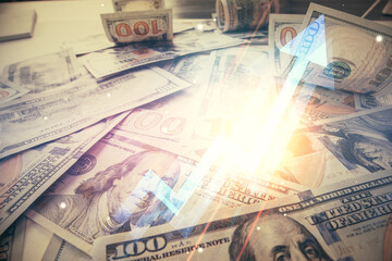 Double exposure of grow arrows drawing over usa dollars bill background. Concept of success.