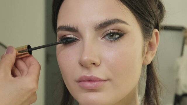 Makeup artist paints eyelash models in a makeup salon. Beauty face.