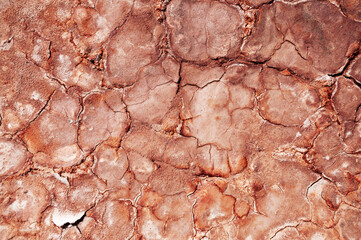 Background of red cracked clay dried in a quarry. Texture.