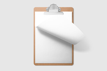Real photo, wooden clipboard with blank A4 paper mockup template, isolated on light grey...