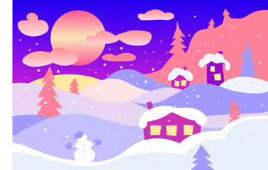 winter landscape, snow valley with houses, moon and clouds