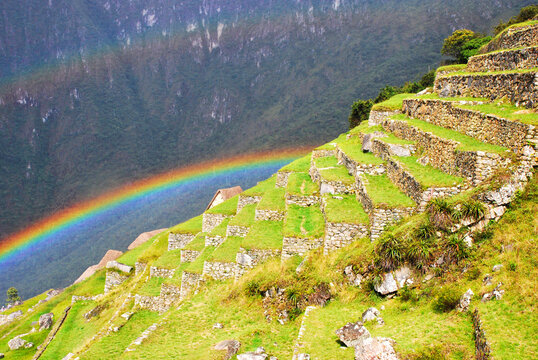 Terraces In Machu Picchu With Rainbow In The Background