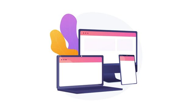 Adaptive web design. Responsive website for computer, laptop and tablet modern gadgets. Webpage development optimization abstract concept motion graphics metaphor. 4K seamless loop animation footage.