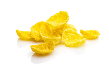 Breakfast cereal corn flakes on white. Cereal Healthy Cornflakes - snack breakfast best with milk. Dieting and detoxication concept with mineral nutrients. Macro close-up shot.