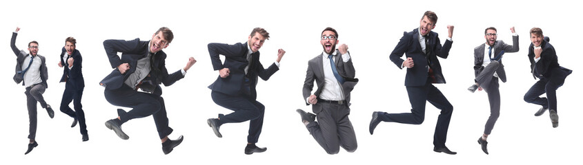 in full growth. two cheerful dancing business people