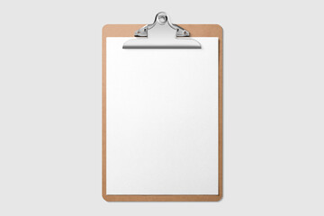 Real photo, wooden clipboard with blank A4 paper mockup template, isolated on light grey...