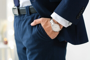 Stylish young man in suit indoors, closeup