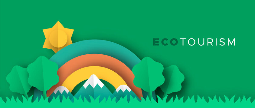Eco tourism papercut banner of nature landscape