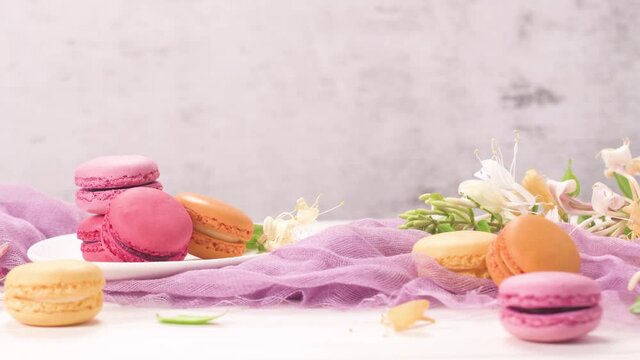 A french sweet delicacy, macaroons variety closeup. Color fresh macarroons on wooden bacground