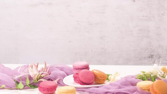 A french sweet delicacy, macaroons variety closeup. Color fresh macarroons on wooden bacground