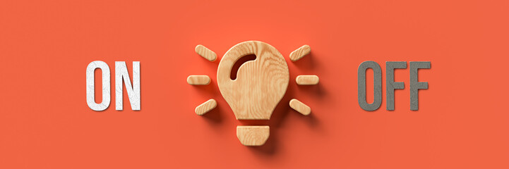 wooden lightbulb with the words ON and OFF on colorful background